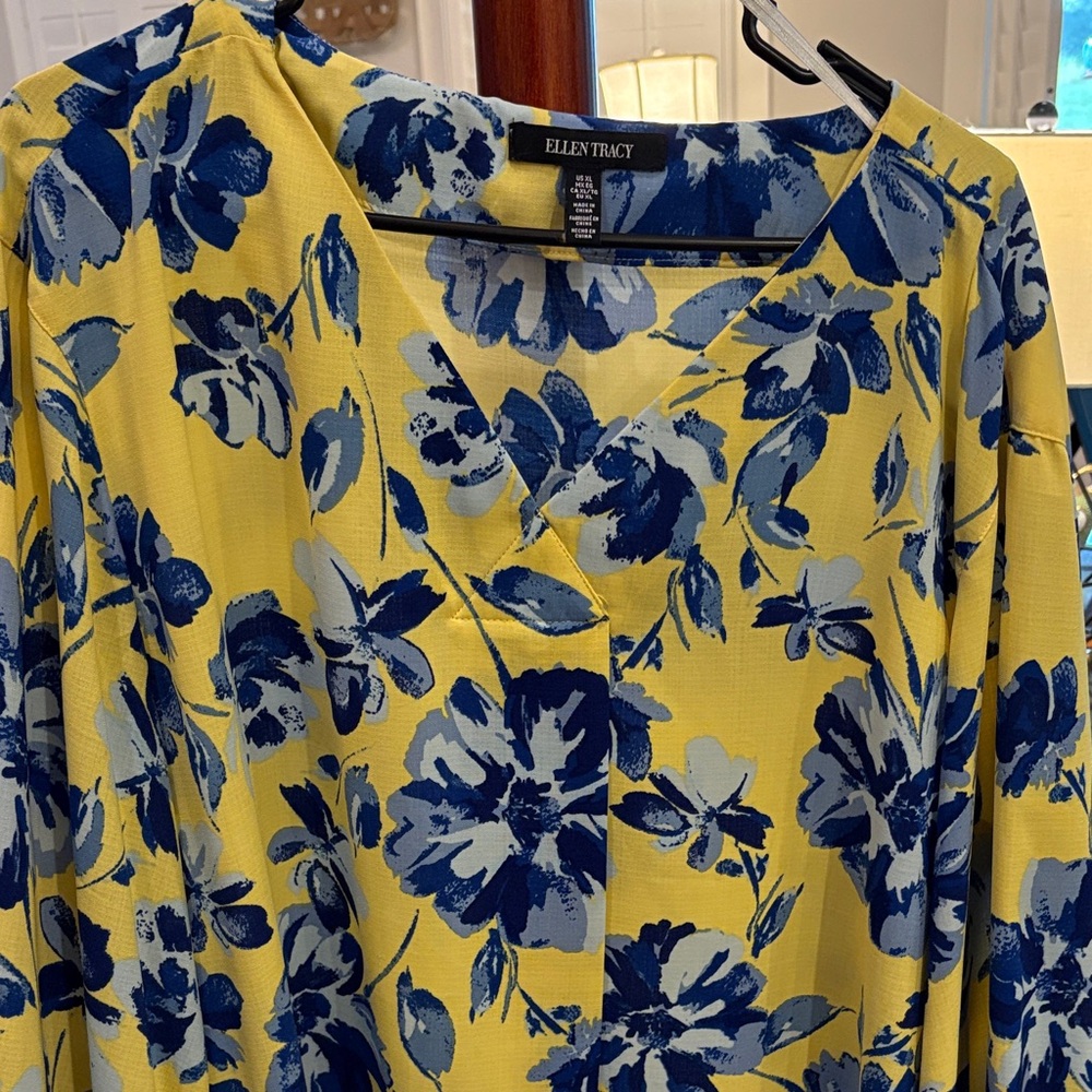 Ellen Tracy Yellow Blouse with Blue Floral Pattern